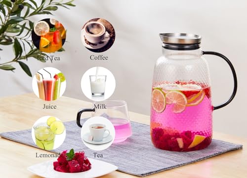 Purefold Pitcher with Lid, Glass Jug with Stainless Steel Lid for Hot and Cold Water, Fruit Tea, Coffee Maker, Ice Tea, Juice, Pineapple Series (Clear, 80 oz) | Fruit tea, coffee, iced tea, juice jug. Leakproof, dishwasher safe. BPA free Pineapple Series