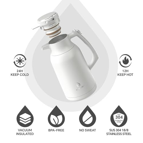 IDEUS Thermal Coffee Carafe 68oz, Beverage Dispenser White | Stainless Steel Double Wall Vacuum Insulation Creamer Pitcher Water Jug Coffee Server, Coffee Carafe for Keeping Hot and Cold - color: White, size: 68 Ounces