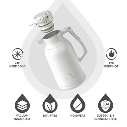 IDEUS Thermal Coffee Carafe 68oz, Beverage Dispenser White | Stainless Steel Double Wall Vacuum Insulation Creamer Pitcher Water Jug Coffee Server, Coffee Carafe for Keeping Hot and Cold - color: White, size: 68 Ounces
