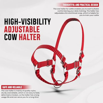 HADZAM Adjustable Nylon Cow Halter | Calf Halter one Halter for (1 Year to Full Size) Easy Adjustable Straps elimates the Need of Ill-Fitting Cattle Halter - color: RED
