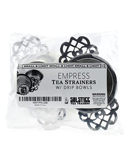 SOLSTICE TEA TRADERS Empress Tea Strainers with Drip Bowls (Pack of 2) Elegant Stainless Steel Loose Leaf Tea Strainers