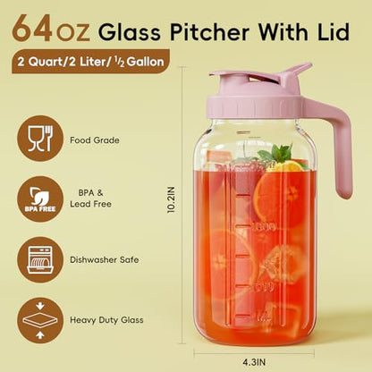 JunVpic Glass Pitcher with lid, 64 oz Wide Mouth Mason Jar - color: Pink, size: 64 Ounces