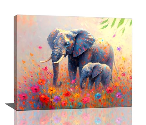 Funny Elephant Canvas Wall Art Colorful Flowers Elephant Painting Pictures Print Artwork Decoration for Bathroom Bedroom Nursery Wall Decor Canvas Framed Gifts 16”X20” - color: Banksy Elephant, size: 20"L x 16"W