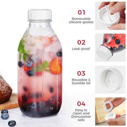 32 oz Glass Milk Bottles with Lid & Silicone Dispenser Cap, 2 Pack | Airtight Screw Lid, Leak-proof Design, Scale Markings for Breastmilk Storage, BPA-free Glass, Reusable, Fridge-safe