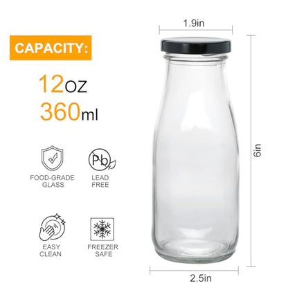 QAPPDA 12 oz Glass Bottles, Clear Glass Milk Bottles with Black Lids - color: Black Lid