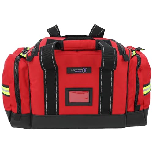 Lightning X Personalized EMT Trauma Bag – Large ALS Medical Bag with 6 Color-Coded Pouches, MOLLE Panel, Waterproof Bottom, Reflective EMS Gear, Custom Embroidered Name or Logo | LXMB35 - color: Red