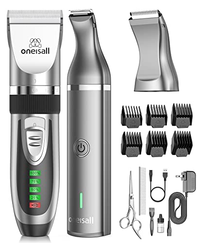 oneisall 2 in 1 Pet Cat & Dog Grooming Kit - Quiet Cordless Dog Clippers & Paw Trimmer for Grooming Pet Hair - color: Silver