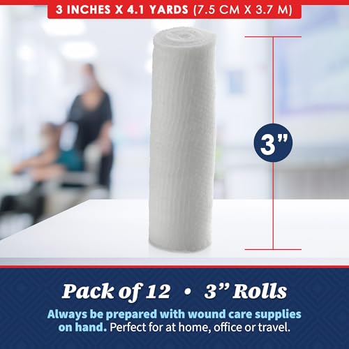 MEDca Gauze Bandage Rolls - (12 Pack) 3 in x 4.1 Yards Per Roll, Medical Grade Stretch Wrapping for Dressing All Types of Wounds and First Aid Kit (3-Inch, 12 Pcs)