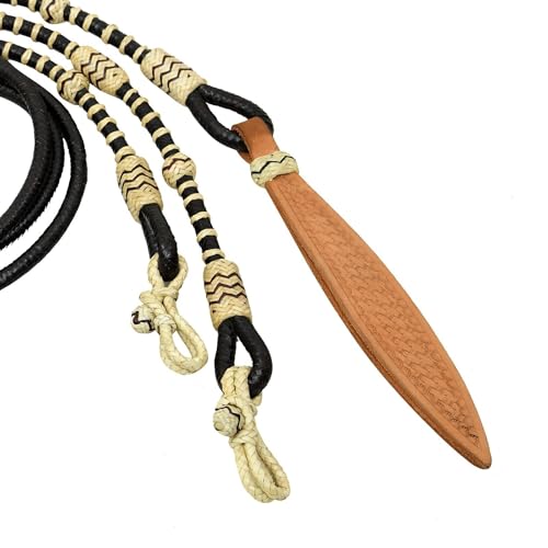 CALYX Natural & Black Knots Raw Hide Leather Horse Tack Hand-Braided Romal Romel Reins Ranch Rope/Rope Reins-8.5 Ft Rein, 52' Romel - color: Black Rope and Natural Knots