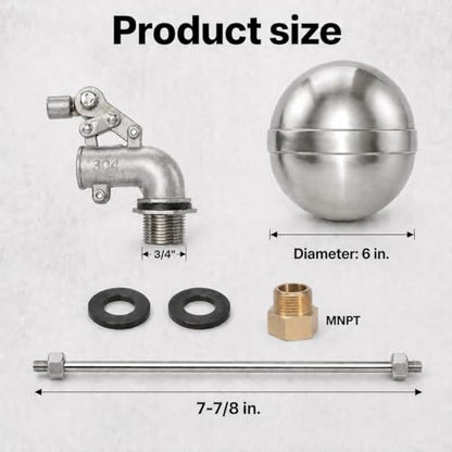 Stainless Steel Float Valve, 3/4" NPT Automatic Water Level Control Valve with 6" Float Ball, Adjustable Rod for Livestock Trough, Stock Tank, Water Tank, Pond, Farm Ranch Cattle Horse Goat