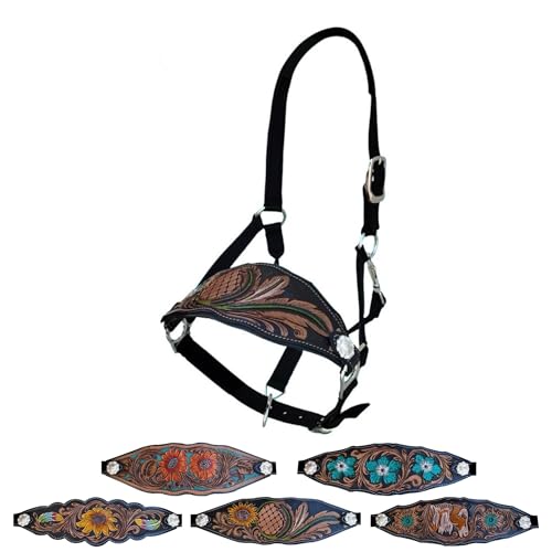 Majestic Ally Equestrian Designer Bronc Halter for Horses, Hand-Tooled Leather Nose, Padded Nylon Crown and Noseband - style: Leaves and Flowers