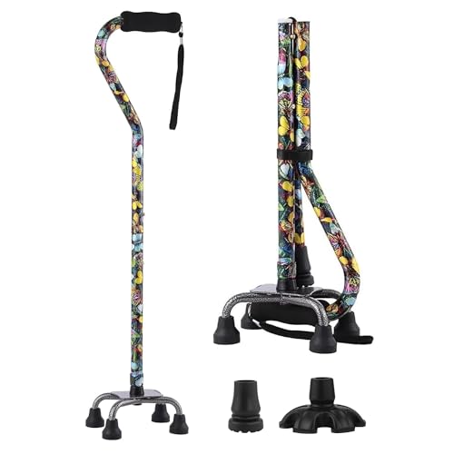 Floral Quad Cane for Women, Adjustable Walking Canes with 3-in-1 Interchangeable Base(3 Tips) for Versatile Support, Stylish & Stable Mobility Aid for Seniors Confidence - color: Spring Wings