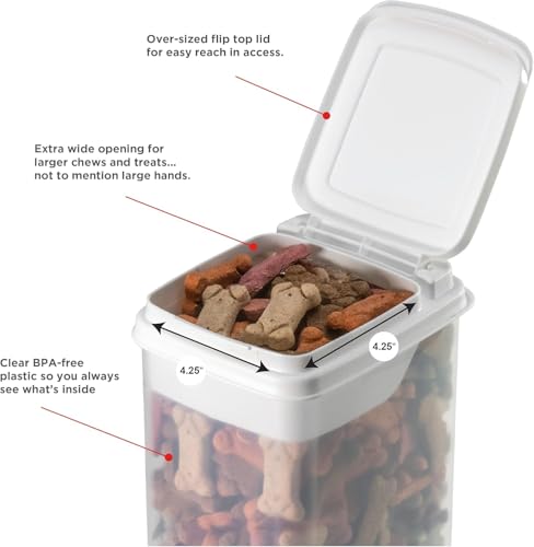 Buddeez Pet Treat Container for Dogs and Cats - 3.5 Quart Flip Top Storage Bin - Bites And Bones Design - Airtight Food Holder