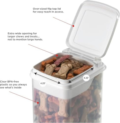 Buddeez Pet Treat Container for Dogs and Cats - 3.5 Quart Flip Top Storage Bin - Bites And Bones Design - Airtight Food Holder