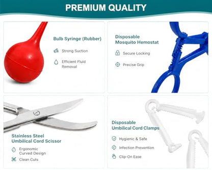 Animal Birth Kit with 15 Umbilical Cord Clamps, Curved Stainless Steel Scissors, Disposable Hemostat & Bulb Syringe, Newborn Delivery Supplies for Puppies, Piglets, Lambs, Calves & Farm Animals