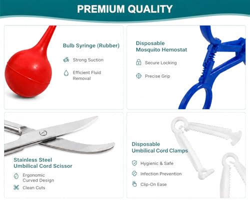Animal Birth Kit with Curved Scissors, Disposable Umbilical Clamps, Hemostat, Bulb Syringe, Safe Delivery for Puppies, Kittens, Lambs, Piglets & Calves, Farm & Home Use
