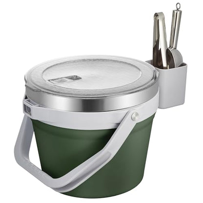 COKTIK 7L Vacuum Insulated Ice Bucket with Lid and Scoop& Tongs，Large capacity Stainless Steel Beverage Bucket for Cocktail, Champagne, Wine, Beer，Large Parties（Army Green Suit） - color: Army Green Suit