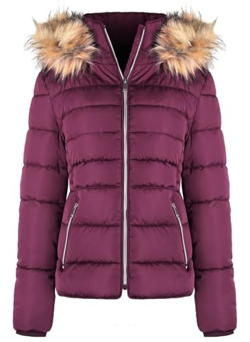 BodiLove Women's Fur Hooded Thickened Jacket with Fleece Lining - color: Burgundy W/ Silver Zipper, size: Medium