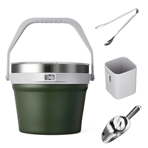 COKTIK 7L Vacuum Insulated Ice Bucket with Lid and Scoop& Tongs，Large capacity Stainless Steel Beverage Bucket for Cocktail, Champagne, Wine, Beer，Large Parties（Army Green Suit） - color: Army Green Suit