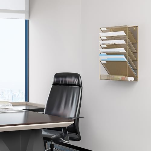EasyPAG 5 Tier Wall File Holder, Mesh Hanging Folder Organizer with Classify Label, Versatile Desk File Holder, Vertical Wall Mounted Mail Organizer for Office Home Cubicle, Gold - color: Gold