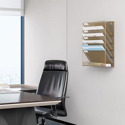 EasyPAG 5 Tier Wall File Holder, Mesh Hanging Folder Organizer with Classify Label, Versatile Desk File Holder, Vertical Wall Mounted Mail Organizer for Office Home Cubicle, Gold - color: Gold