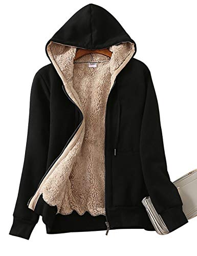 Women’s Casual Full Zip Up Sherpa Lined Hoodie Sweatshirt Jacket Coat - color: Black, size: Medium