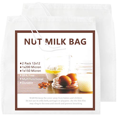 Nut Milk Bag 2 Pcs, GOGOUP 12"X12" Reusable Strainer Bags Food Straining Cloth 150&200 Micron Fine Mesh Nylon Filter Bags for Almond Milk, Juice, Cold Brew, Coffee, Tea, Yogurt, Cheese, Bone Broth