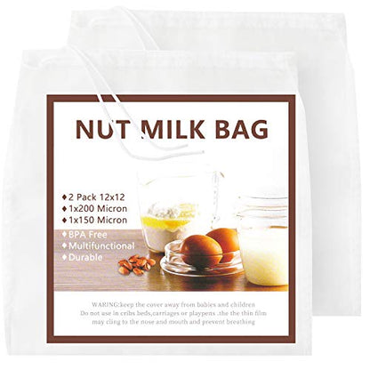 Nut Milk Bag 2 Pcs, GOGOUP 12"X12" Reusable Strainer Bags Food Straining Cloth 150&200 Micron Fine Mesh Nylon Filter Bags for Almond Milk, Juice, Cold Brew, Coffee, Tea, Yogurt, Cheese, Bone Broth