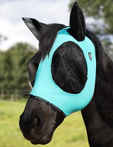Harrison Howard Horse Fly Mask with Forelock Opening Stretch Breathable and Comfortable for Horses UV -Protection Turquoise Green L - color: Turquoise Green, size: L