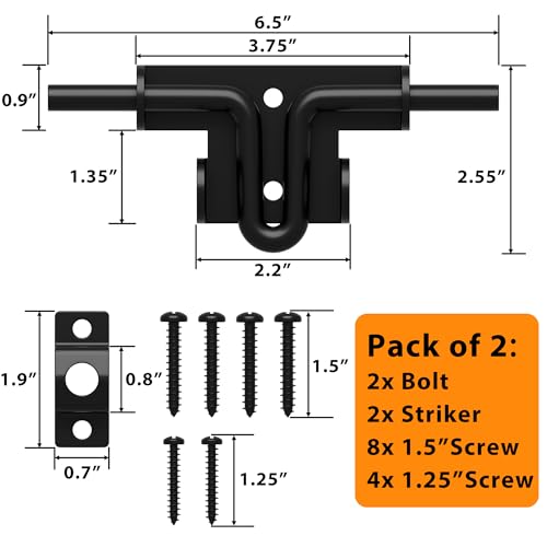 6.4 Inch Heavy Duty Slide Bolt Latch, Bi-Directional Gate Latch with Protective Coating, Solid Hardware Thickened Bolt Latch for Left or Right Hand Swinging and Sliding Doors-2 Pack