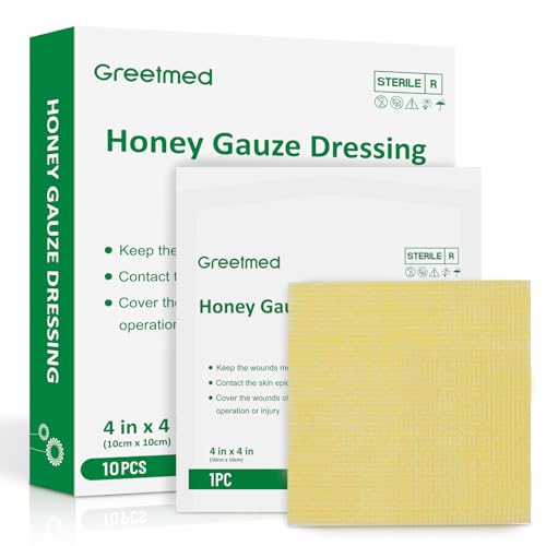 Greetmed Honey Gauze Wound Dressing 4" x 4" Medical Grade Manuka Honey Wound Care Pads Honey Bandages for 1st & 2nd-Degree Burns, Abrasions, Cuts and Scalds (Individually Pack of 10) - size: 4“ x 4”(10 Packs)