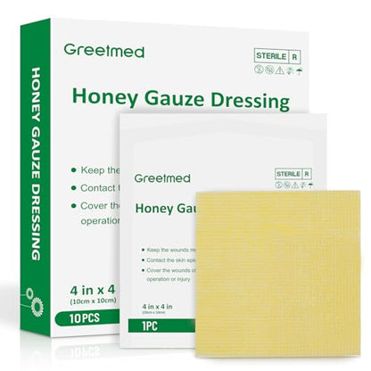 Greetmed Honey Gauze Wound Dressing 4" x 4" Medical Grade Manuka Honey Wound Care Pads Honey Bandages for 1st & 2nd-Degree Burns, Abrasions, Cuts and Scalds (Individually Pack of 10) - size: 4“ x 4”(10 Packs)