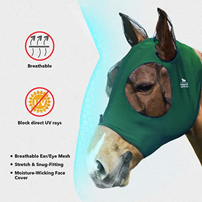 Harrison Howard Super Comfort Stretchy Fly Mask Large Eye Space with UV Protection Soft on Skin with Breathability Deep Green M Cob - color: Deep Green, size: Cob (Medium)