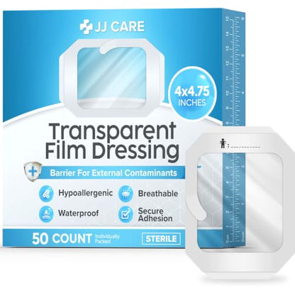 Transparent Film Dressing, Waterproof Bandages 4x4.75 | 50-Pack | FSA&HSA | occlusive dressing & wound cover for showering, swimming - tattoo aftercare protection film, transdermal patch, IV cover PICC - size: 4x4.75 50ct