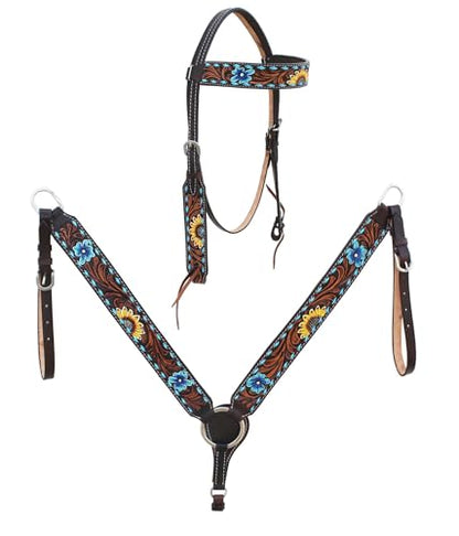 CHALLENGER Horse Western Leather Tooled Headstall Bridle Breast Collar Tack Set 78HRBrowbandSet - color: Brown Leather, Turquoise Sunflower