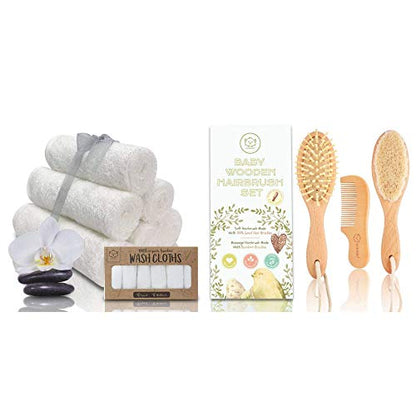 Keababies Baby Hair Brush and Comb Set and Baby Washcloths - Wooden Brush with Soft Goat Bristle - Washcloths for Newborns, Infants, Kids