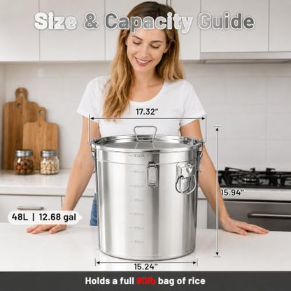 304 Stainless Steel Extra Large Rice Storage Container 12.7Gal/48L Airtight Canister with Locking Lid & Buckle, Food Grade Sealed Bucket Holds 40-90Lbs for Rice, Flour, Grain - size: 48L