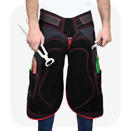 – Premium Cowhide Leather Farrier Apron | Adjustable Waist | Breathable Air Mesh Lining, Foam Knee Pads, Magnets & Knife Pockets | Professional Hoof Trimming Chaps (70cm - 27inch) - color: Red- Black, size: 70cm - 27inch