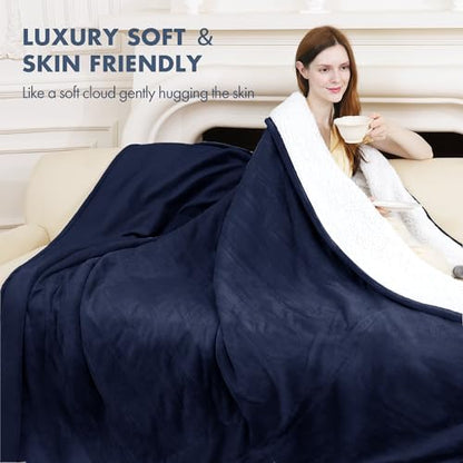 Heated Throw Navy, Ultra Soft Flannel Sherpa, Gift for Grandma - color: 07 - Navy, size: Throw - 50" x 60"