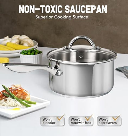 MICHELANGELO Stainless Steel Saucepan with Lid & Steamer, 3 Quart Sauce Pan with Lid, Steamer Pot with Pour Spout, 3 Qt Stainless Steel Pot, Induction Compatible, Oven Safe - size: 3 Quarts