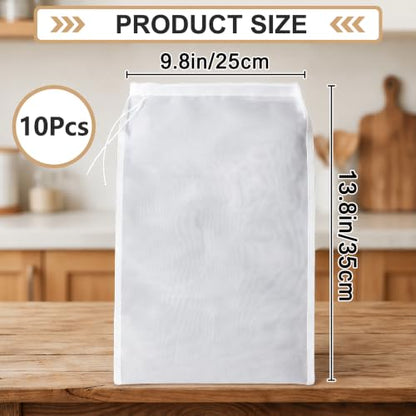 10 Pcs Nut Milk Bag Reusable (9.8"x14"), 200 Mesh Fine Nylon Cheese Cloth Bags with Drawstring, Strainer for Cold Brew Coffee Greek Yogurt Juice & Tea