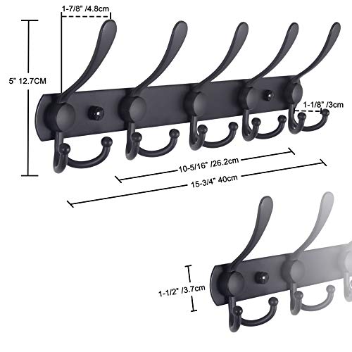 Dseap Coat Rack Wall Mounted - 5 Tri Hooks, Heavy Duty, Stainless Steel, Metal Coat Hook Rail for Coat Hat Towel Purse Robes Mudroom Bathroom Entryway (Black, 4 Packs) - color: Black, size: L:16" (2 Pcs) (Pack of 2)