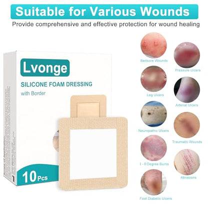 Silicone Foam Dressing 4"x4"(10 Pack) with Adhesive Border, Wound Care Dressings Highly Absorbent Large Waterproof Silicone Bandages for Pressure Ulcers, Bedsores, Leg Ulcers - size: 4" x 4", 10 Pack