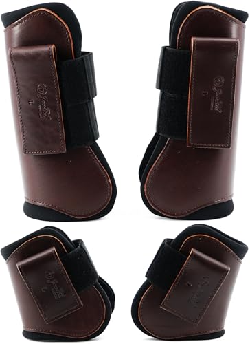 Jeereal Horse Tendon Brushing Boots Open Front & Fetlock Boot | Protective Gear and Training Equipment |Neoprene,Breathable Waterproof Fabric and Genuine Leather | 4 Set - color: Coffee, size: Cob (Medium)