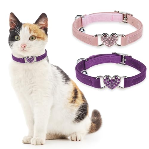 BINGPET Diamond Cat Collar with Bell, Adjustable Kitten Collar, Purple&Pink - color: Pink & Purple(Heart), size: Neck Girth 8"-10"