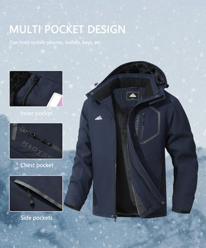 Men's Mountain Ski Jacket Winter Snow Coats Waterproof Warm Fleece Lining Jacket Parka with Hooded - color: Dark Blue, size: Medium
