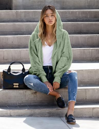 Zilcremo Women Hooded Cardigan Open Front Fuzzy Jacket - color: Beangreen, size: Medium