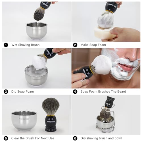 Shaving Brush Kit for Men, 4 in 1 Shaving Brushes Set Includes Badger Hair Shave Brush, Stainless Steel Shaving Bowl&Stand and Goat Milk Flavor Shaving Soap - color: Black-A