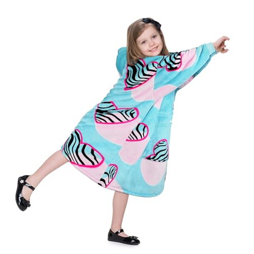Solaris Zebra Heartfelt Kids Wearable Blanket Hoodie - Cozy Warm Sherpa Fleece Sweatshirt with Love-Themed Design, for Teens, Girls, Boys - color: Zebra Heart