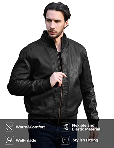 WenVen Men's Stand Collar Fleece Lined Faux Leather Jacket Warm Winter Coat | Bomber Outerwear - color: Black, size: Medium